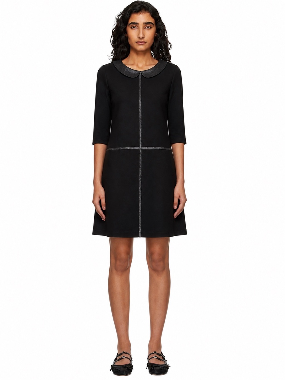 Cop.Copine Peter Pan Black Mini Dress with Contrast Leather-Look Trim